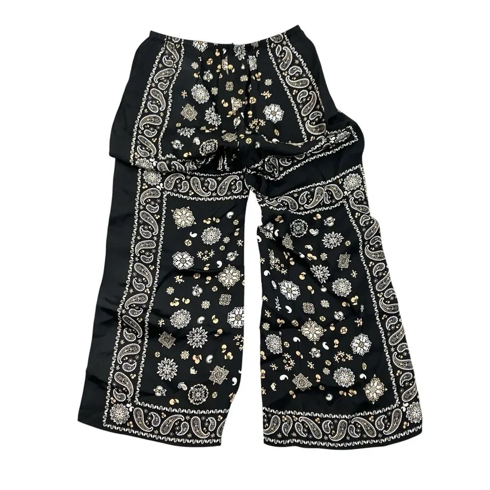 J Crew Cosmo Pants SP Petite S Black Bandana Paisley Print Wide Leg CS470
